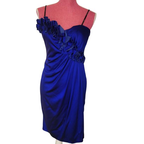 Maggy London 90s Holiday satin Party Dress Saphire Blue MD Ruffles - Picture 1 of 14
